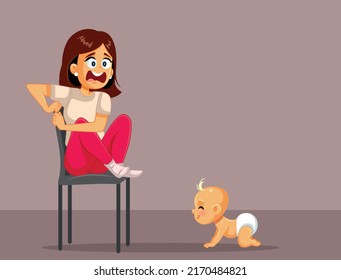 
Tired Mom Trying to Hide from Her Baby Vector Cartoon. Woman followed by little kid frightened b the idea of motherhood
