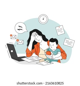 Tired Mom trying to Work, holding baby in her arms. Professional Mom, maternity and job. Hand drawn style, vector illustration.