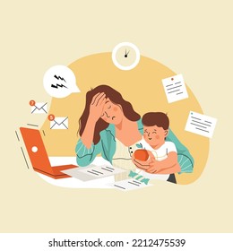 Tired Mom trying to Work, holding baby in her arms. Professional Mom, maternity and job. Flat vector illustration.	