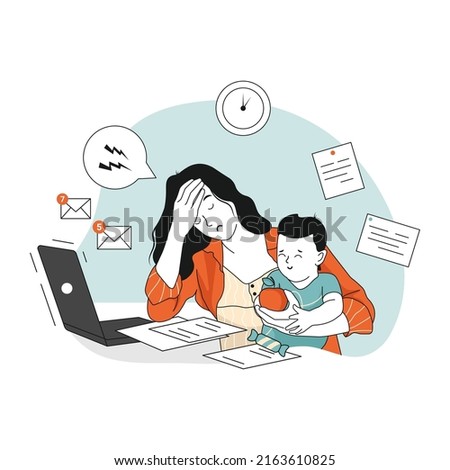 Tired Mom trying to Work, holding baby in her arms. Professional Mom, maternity and job. Hand drawn style, vector illustration.
