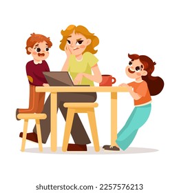 Tired Mom Working at Laptop with Naughty Capricious Son and Daughter Playing Around Vector Illustration