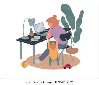 Tired Mom Works From Home, Mom Tries To Work On A Laptop When Her Child Interferes. Flat Vector Illustration. Isolated On White. Difficulties Of Motherhood