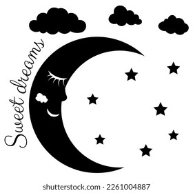tired moon sleeps on a white sky with stars and clouds.