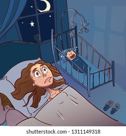 Tired Mother Can't To Sleep Because Her Baby Won't Stop Crying At Night. Cartoon Vector Illustration.