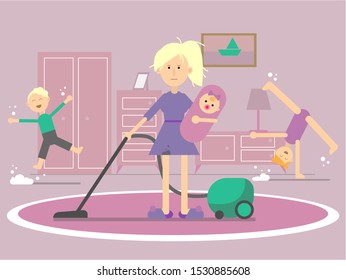Tired mother and children in a room