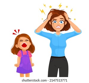 Tired mother with crazy hair with her daughter. a very angry girl screaming. parenting stress concept, relationship between children and parents vector Illustration on a white background. Stressed car