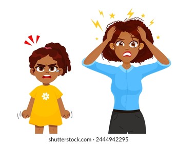 Tired mother  with crazy hair with her daughter. a very angry girl screaming. parenting stress concept, relationship between children and parents vector Illustration on a white background.
