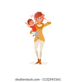 Tired mother with crazy hair holding her screaming son on her hands, parenting stress concept, relationship between children and parents vector Illustration on a white background