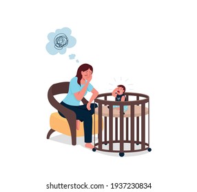 Tired mother with crying baby flat color vector detailed characters. Exhausted mom. Family problem. Postnatal depression isolated cartoon illustration for web graphic design and animation 