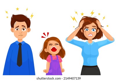 Tired mother and father with crazy hair with her daughter. a very angry girl screaming. parenting stress concept, relationship between children and parents vector Illustration on a white background.  