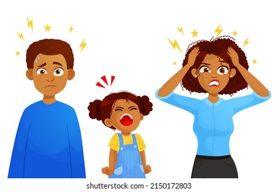 Tired mother and father with crazy hair with her daughter. a very angry girl screaming. parenting stress concept, relationship between children and parents vector Illustration on a white background.
