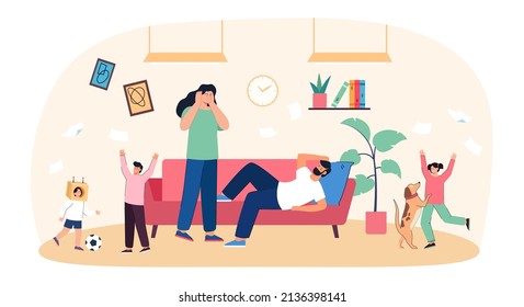 Tired mother and father with three happy children and dog. Big family with parents and kids flat vector illustration. Family, stress, parenting concept for banner, website design or landing web page