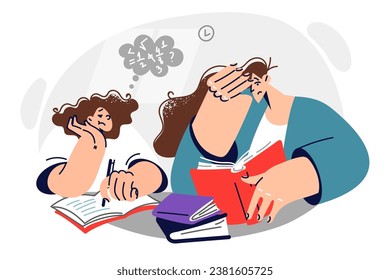 Tired mother helps daughter do homework and clutches head seeing complex mathematical example. Upset teacher sits with student from elementary school at same table with mathematical books