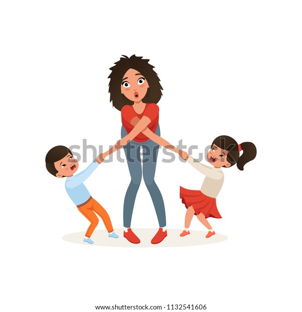 白い背景に疲れた母親と気まぐれな子ども 子育てのストレス 子どもと親の関係 コンセプトベクターイラスト のベクター画像素材 ロイヤリティフリー