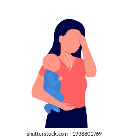 Tired mother holding cry baby. Frustrated, worried mom and sad child. Problem matherhood in family. Vector illustration