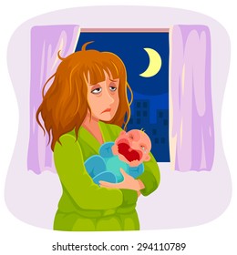 Tired Mother Holding A Crying Baby At Night