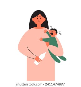 Tired mother holding crying son or daughter on hands. Sad mom bottle feed toddler. Worried female person baby sit. Unhappy woman feeding newborn child. Parent postpartum depression vector illustration