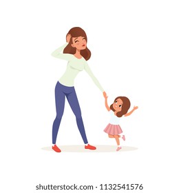 Tired mother holding hand her naughty daughter, parenting stress concept, relationship between children and parents vector Illustration on a white background