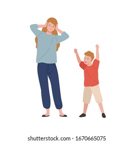 Tired mother holding head near screaming son isolated on white. Woman have stress and headache during motherhood vector flat illustration. Parents and children relationship