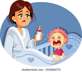 Tired Mother Holding Milk Bottle Night Feeding Baby. Mom waking up in nighttime to feed the newborn
