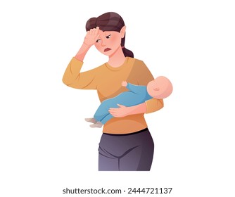 Tired mother holding a sleeping baby in her arms. A woman experiencing difficulties of motherhood or postpartum depression. Vector isolated cartoon illustration.