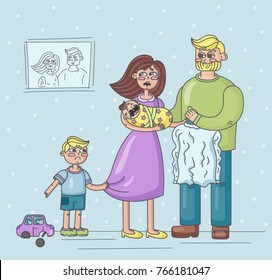 Tired mother holds a screaming child in her arms while her older child cries because of a broken toy, and her husband asks to iron a shirt. Hand-drawn vector illustration.