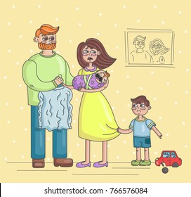 Tired mother holds a screaming child in her arms while her older child cries because of a broken toy, and her husband asks to iron a shirt. Hand-drawn vector illustration.