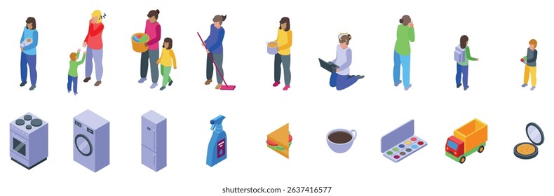 Tired mother icons set. Mothers engaging in childcare, household chores, remote work, and leisure pursuits, showcasing diverse aspects of modern motherhood