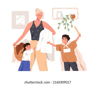 Tired mother with kids and housework at home. Busy woman with children and household chores. Exhausted overloaded mom housewife feeling bad. Flat vector illustration isolated on white background