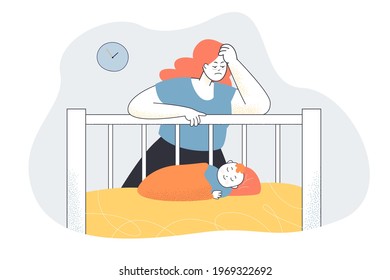 Tired mother looking at child. Depressed woman, newborn baby sleeping in crib flat vector illustration. Motherhood, postnatal depression concept for banner, website design or landing web page