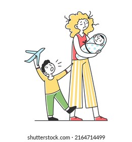 Tired mother with many children flat vector illustration. Father and mother exhausted under life routine. Kids playing up. Big family and lifestyle