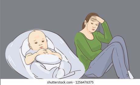 Tired mother with newborn. Postpartum depression. Motherhood.