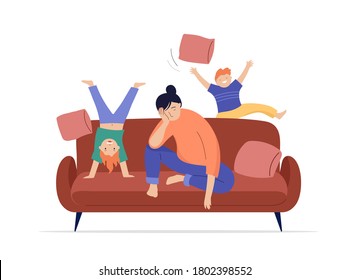 Tired Mother Sits On Sofa, Children Play, Jump And Run Around Her