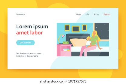 Tired mother sitting on bed with baby at night. Insomnia, newborn, infant flat vector illustration. Maternity and parenthood concept for banner, website design or landing web page