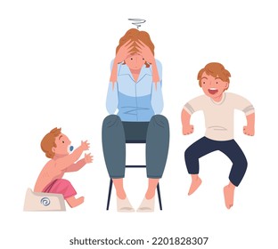 Tired Mother Sitting on Chair Holding Head Exhausted with Noisy and Energetic Kids Playing Around Vector Illustration