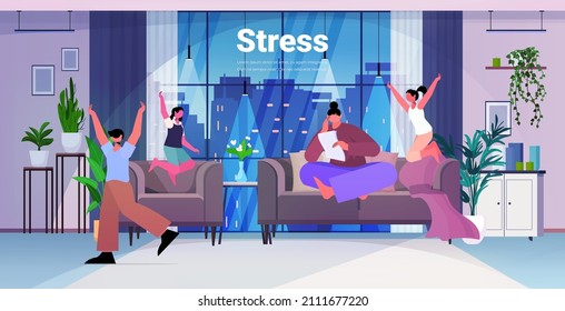 tired mother sitting on sofa stressed woman spending time with children feeling desperate mental health diseases depression