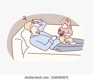Tired Mother Suffering from experiencing postnatal depression. Hand drawn style vector design illustrations.
