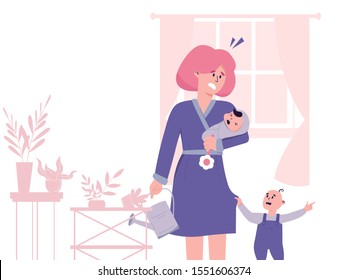 Tired mother trying to combine parenting and housework. Mom is irritated by a toddler and crying newborn can't manage the mess around and has stress. Postpartum depression concept vector illustration.