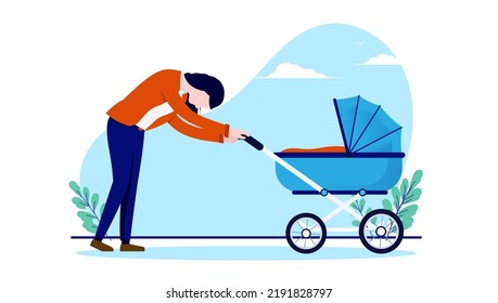 Tired mother wit baby stroller - Woman walking child pram with head hanging down feeling sad and exhausted. Flat design vector illustration with white background