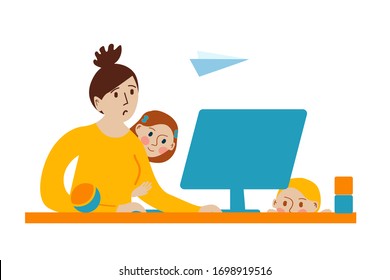 Tired mother works on computer. Children are naughty. Stay home. Quarantine social distancing period of pandemic corona virus or covid-19.
