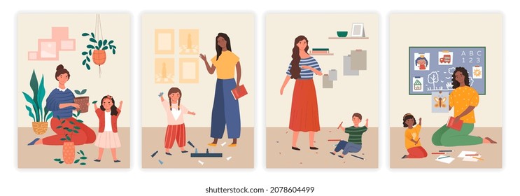 Tired mothers set. Collection of pictures in which adult watching children. Overload, burnout. Parenting and motherhood, home, room. Cartoon flat vector illustrations isolated on white background