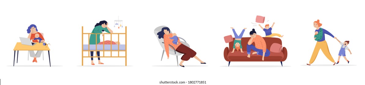 Tired mothers trying to work, to relax, mom of two kids, children play, jump and run around her