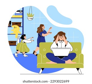 Tired mothers trying to work. Woman sits with laptop in apartment and holds her head against background of girls. Difficulties of freelancer and remote employee. Cartoon flat vector illustration
