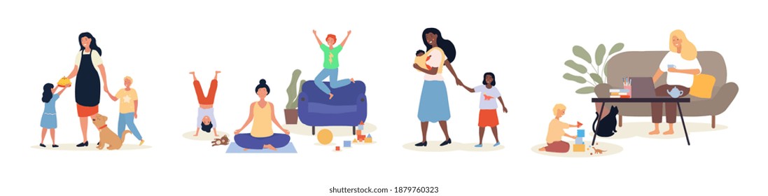 Tired multiracial mothers trying to work, to relax, mom of two kids, children playing, jumping and running around her. Set of flat cartoon vector illustration isolated on white background