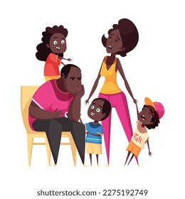 Tired mum and dad with three crying naughty kids cartoon vector illustration