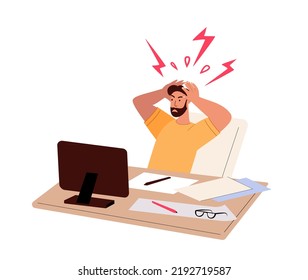 Tired Nervous Angry overworked employee at workplace.Exhausted fatigue office worker with exploded head,sit at computer desk,overloaded with work.Flat vector illustration isolated on white