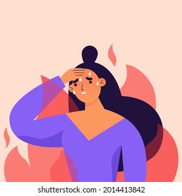 Tired and nervous woman with flame on background. Work burnout, mental health problem, mental breakdown.