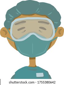 Tired nurse cartoon portrait. Mask and medical hat.