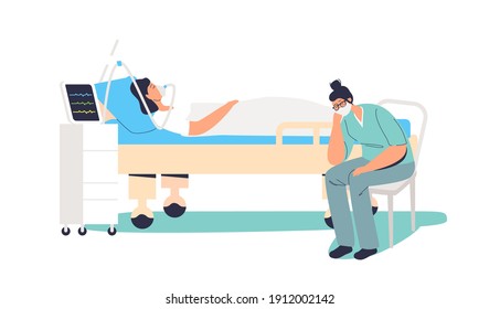 Tired Nurse Sleeping While Observing Sick Patient With Oxygen Mask. Medical Worker Overworked During Covid Pandemic And Coronavirus Outbreak. Cartoon Flat Vector Illustration