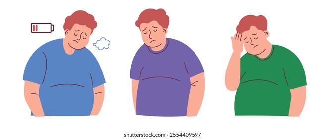 Tired Obese Man Have Headache, Migraine and Fatigue Syndrome Symptoms